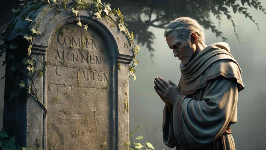 Persona defunta e chi prega davanti lapide